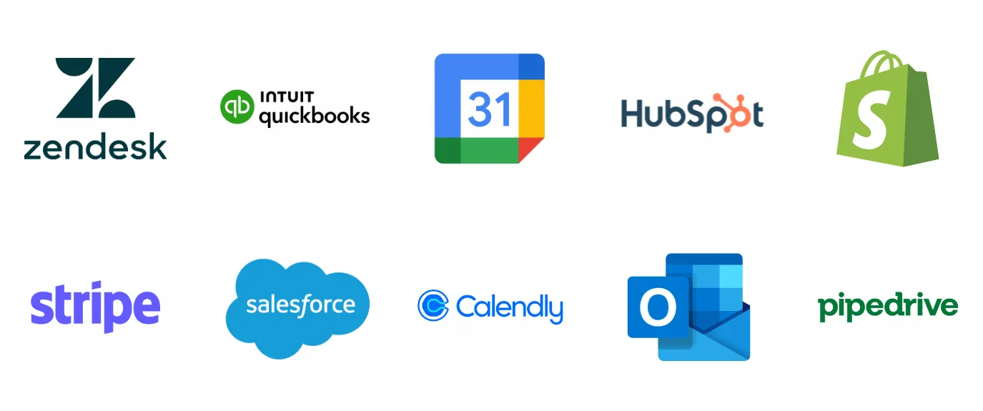 aiworksforus charter cx ai agents has extremely human like conversations with your customers, patients, donors, vendors, etc, aiworksforus integrations chart showing top 10 business tools used:; zendesk, quickbooks, google calendar, hubspot, shopify, stripe, salesforce, caledndly, microsof suite, pipedrive with our Charter cx ai agents and Bearing data intelligence engine