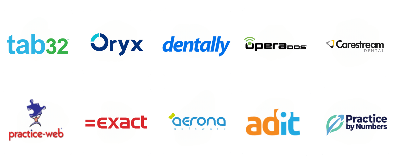 aiworksforus works with all Dental Practice Management Software like tab32, oryx, dentally, operands, carestream dental, practice web, exact, aerona, adit, practice by numbers