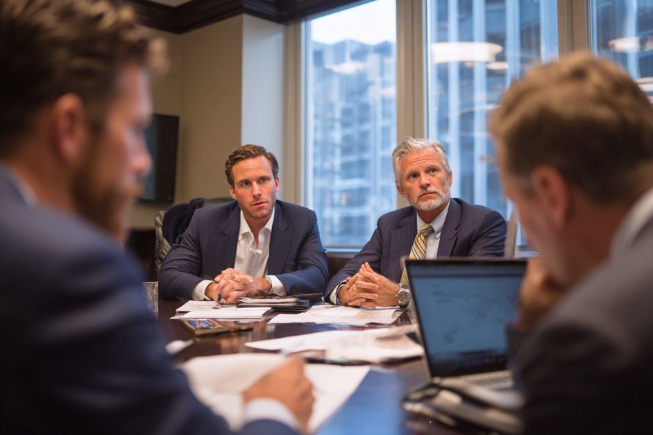 Three male attorneys in business suits seated around a conference table in a high‑rise office, reviewing documents and a laptop screen as they discuss strategy and case details
