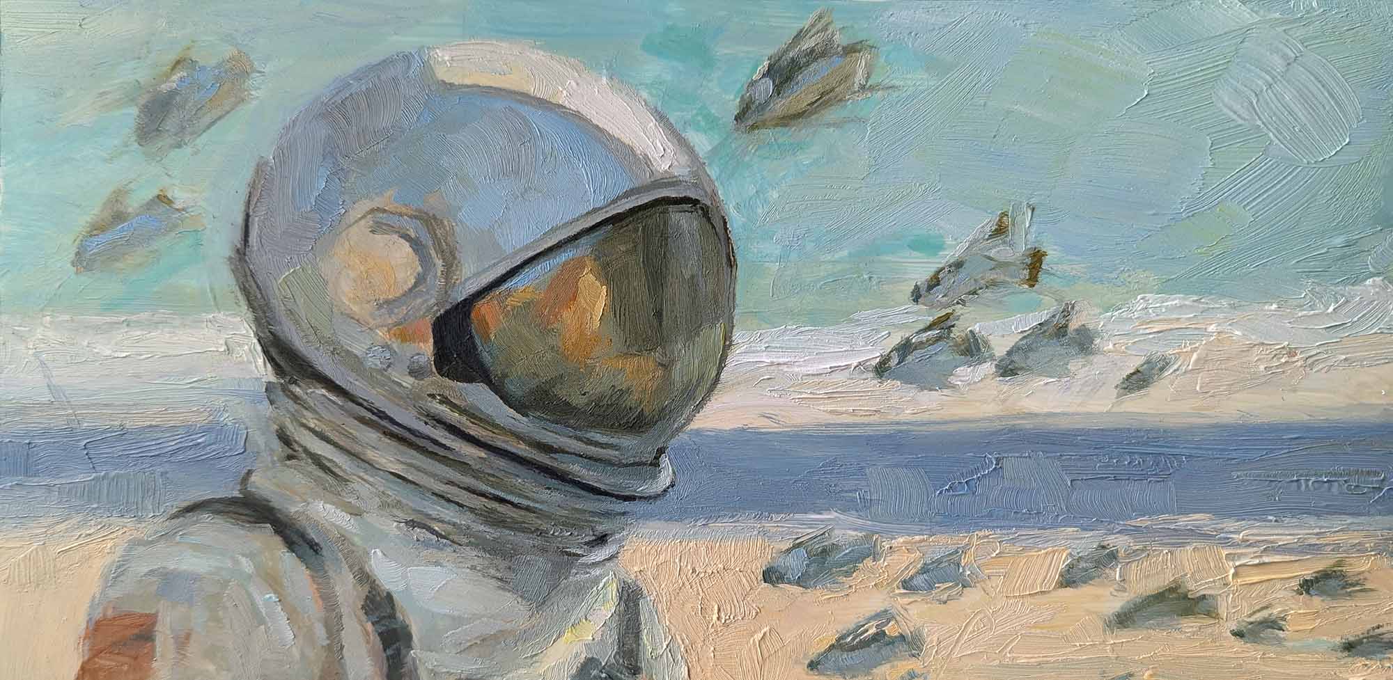 portrait painting of an astronaut at the beach with fish swimming around her head