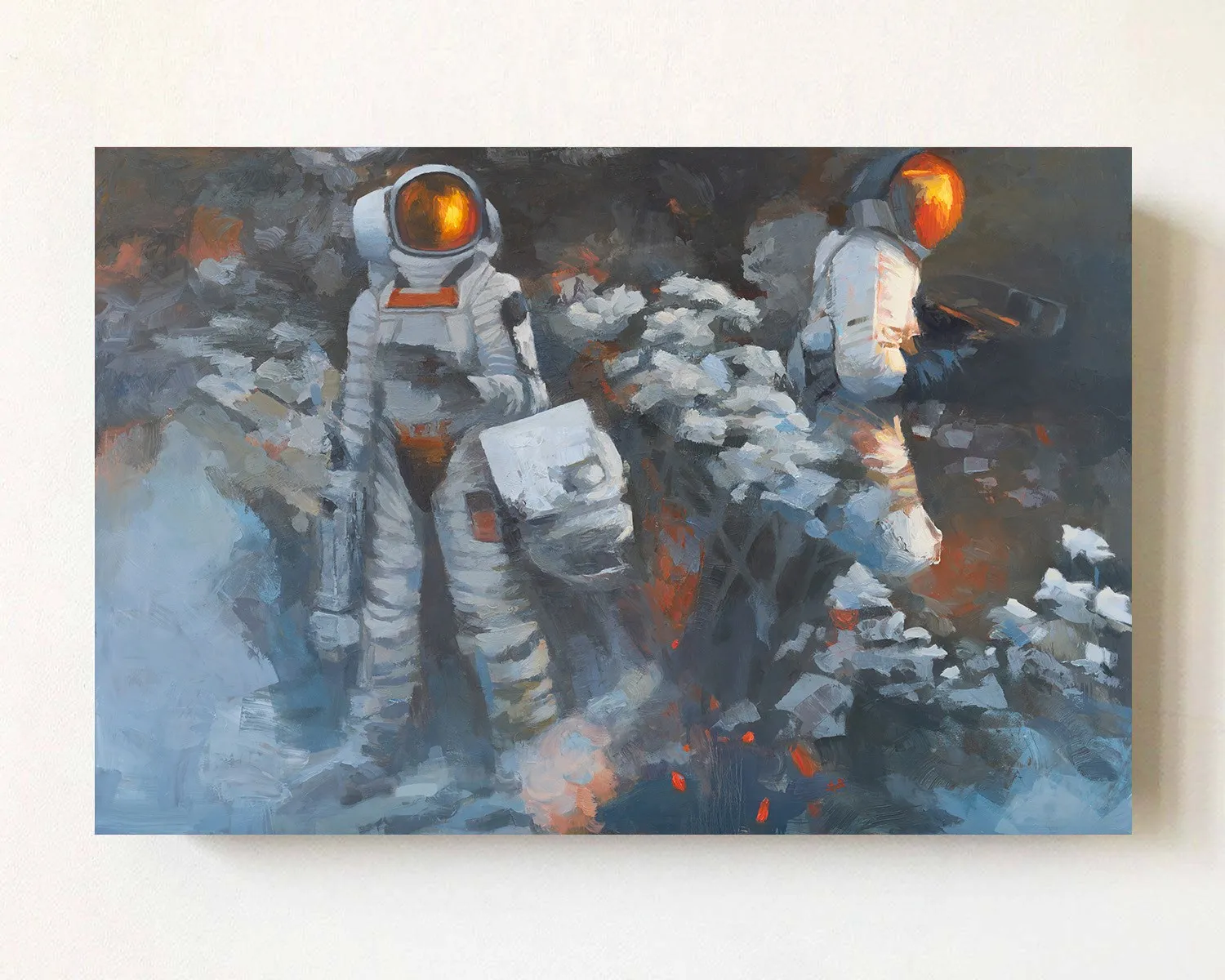 oil painting of female space explorers carrying scientic projectile equipment in an environment of white flowers