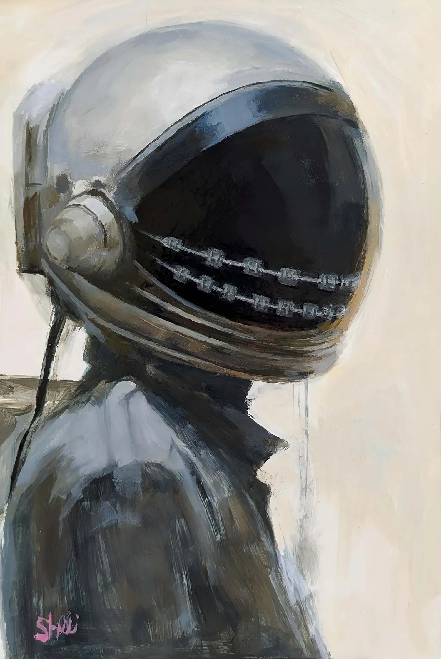 painting of a female astronaut wearing a dark space suit and helmet with a dark visor and embedded braces