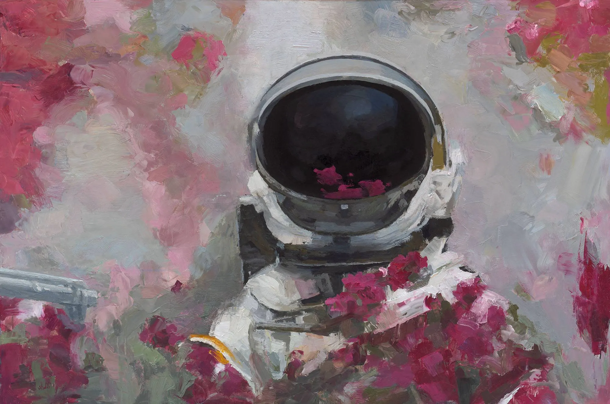 oil painting of a female astronaut behind a dark visor surrounded by fuschia flowers and holding a scientific projectile equipment