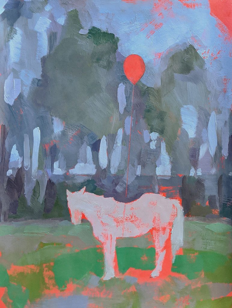 painting of a white horse standing in a field near a treeline tethered to a single red balloon