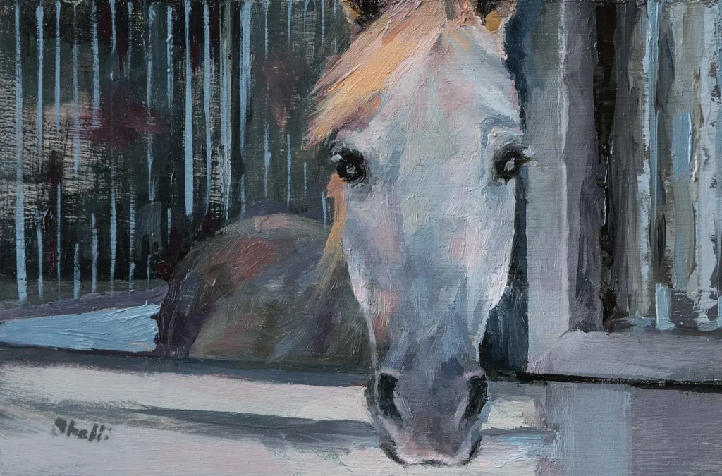 painting of a grey horse in blue tones in his stall