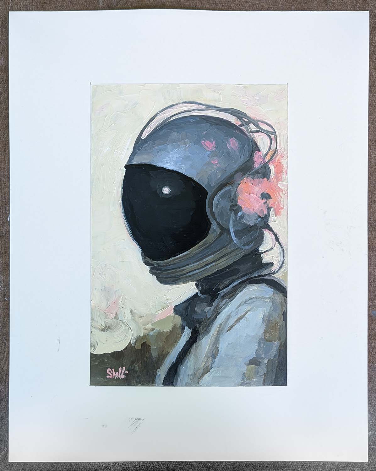 portrait of a woman in a grey spacesuit behind an enclosed dark visor with tube wiring extending out from the helmet