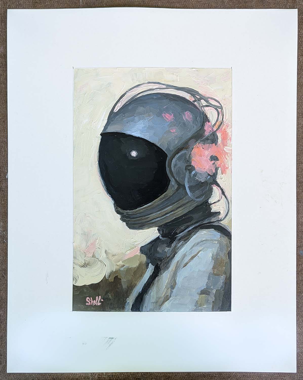 portrait of a woman in a grey spacesuit behind an enclosed dark visor with tube wiring extending out from the helmet