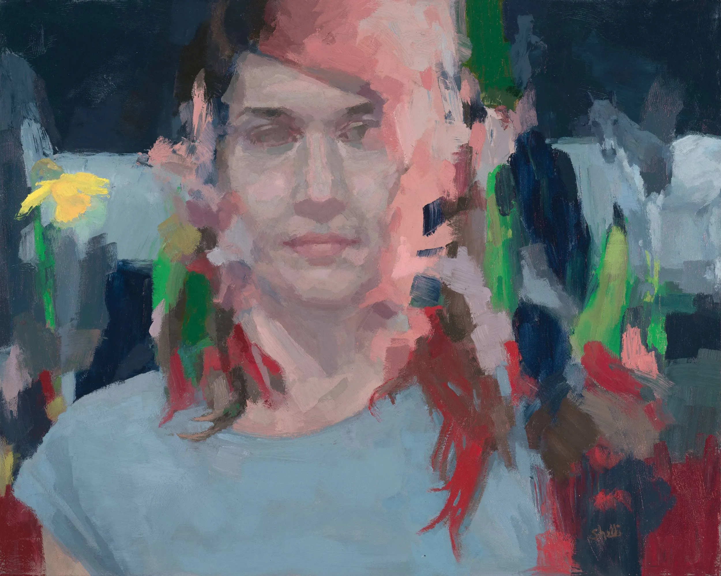 self-portrait painting with a dandelion and horse