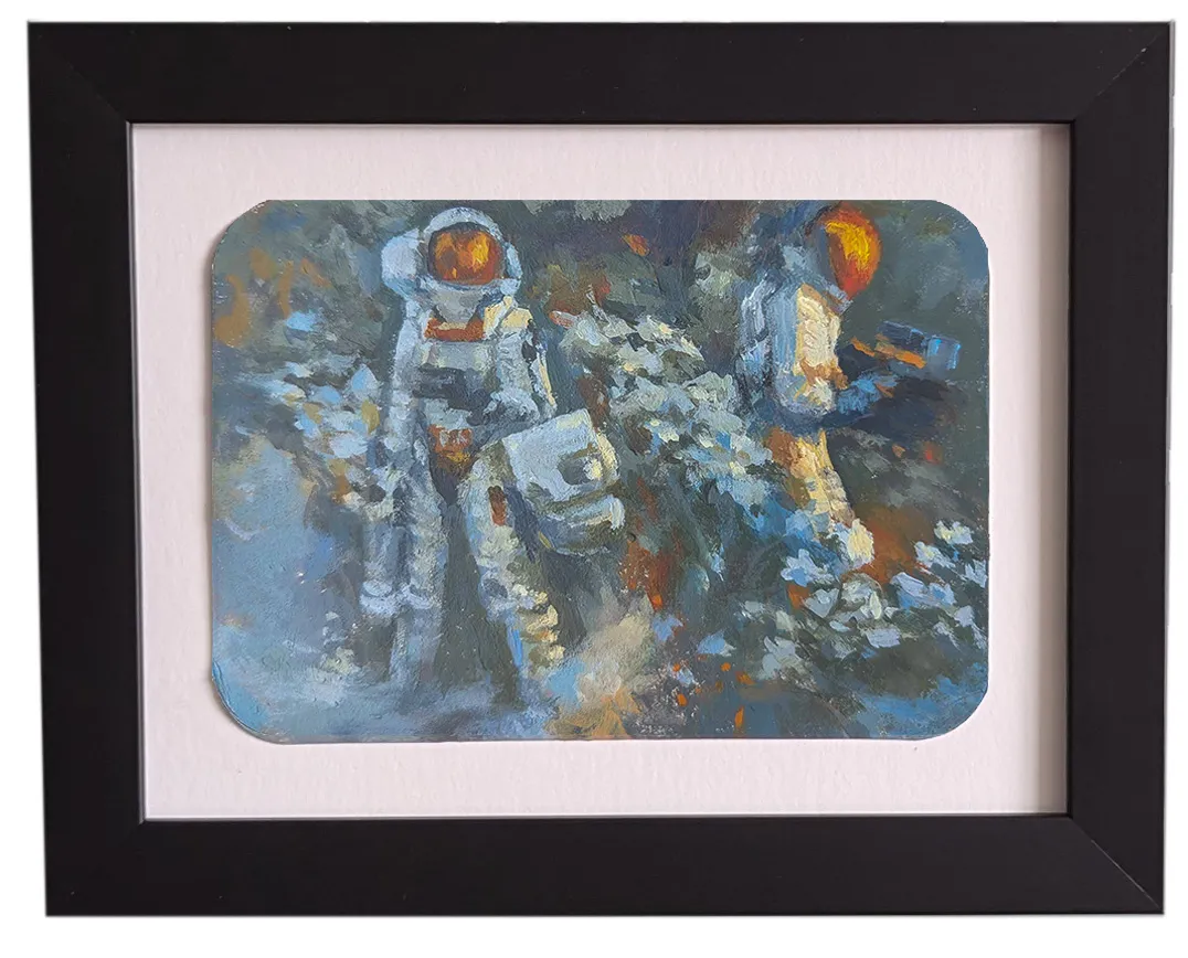 oil painting of two female astronauts expioring a world of white flowers