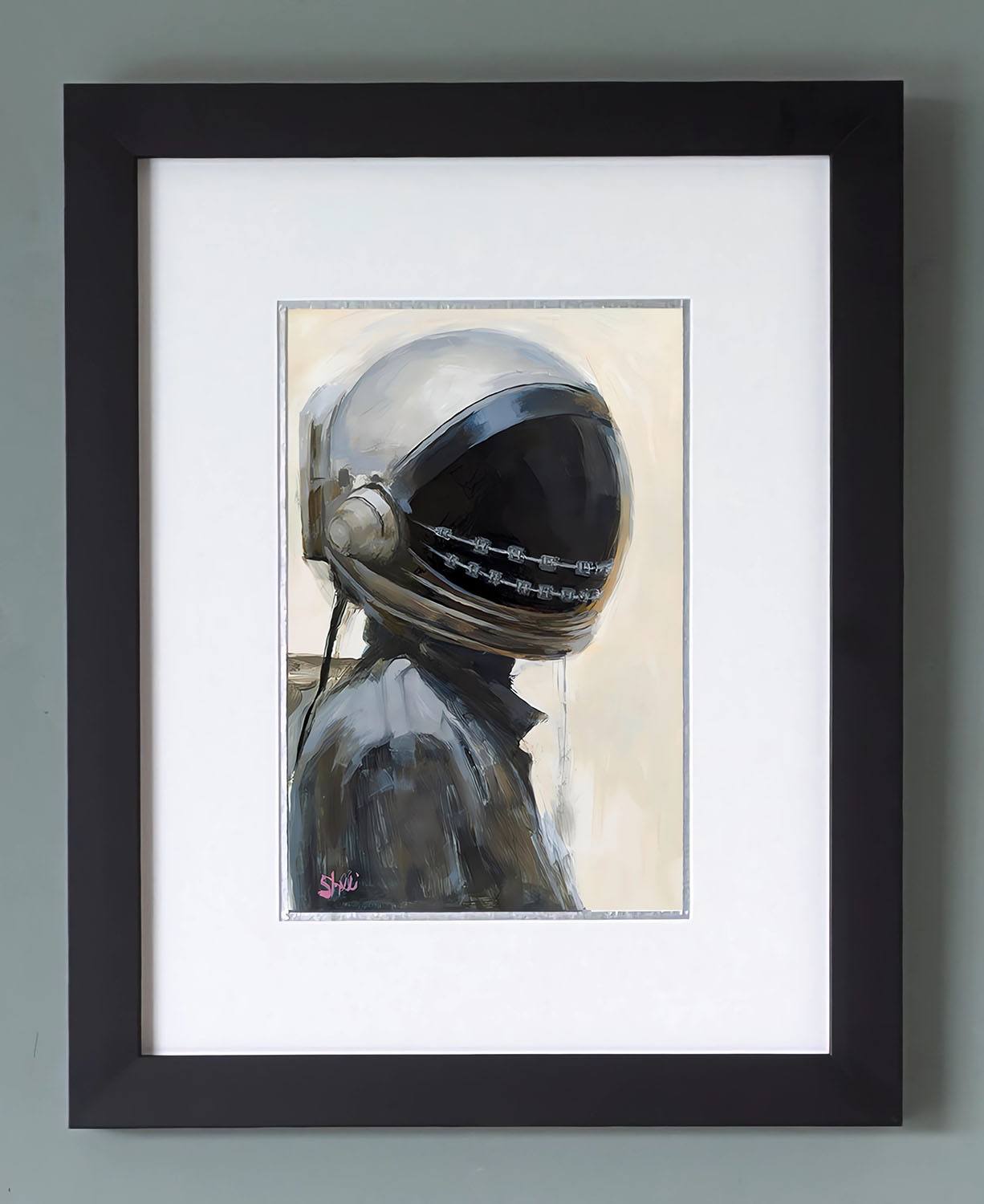 portrait of a female astronaut behind a dark visor, orthodontic braces embedded into the visor