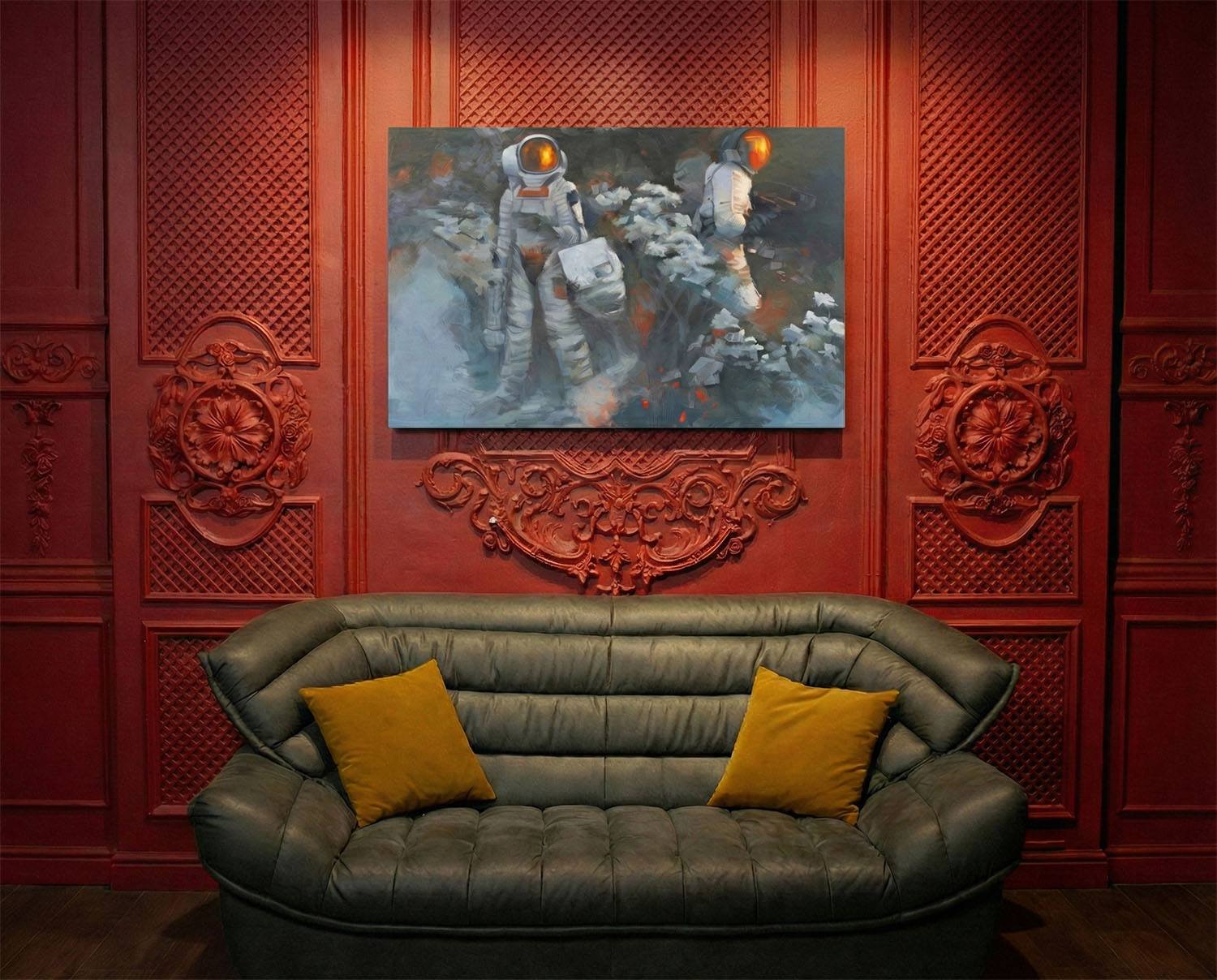 oil painting, in situe, of female space explorers carrying scientic projectile equipment in an environment of white flowers