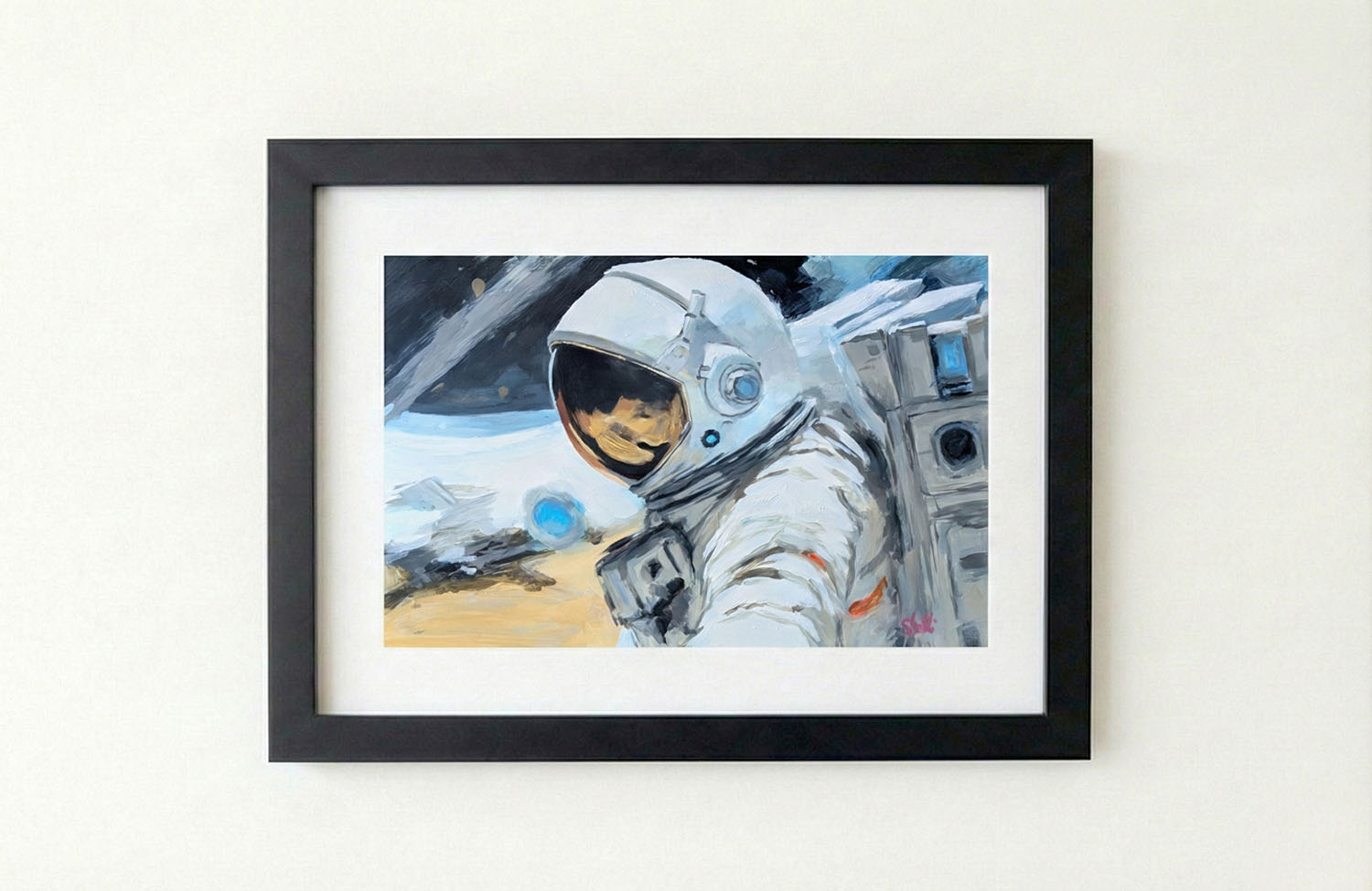 painting of female astronaut selfie with dark expanse in background