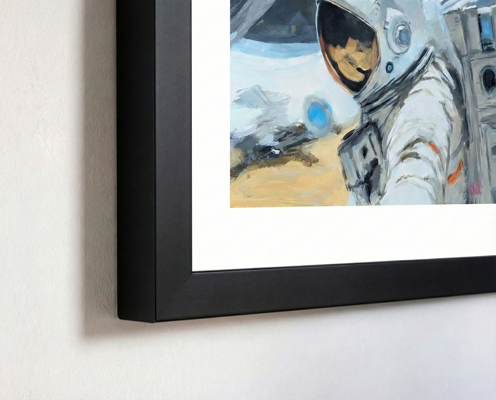 painting of female astronaut selfie with dark expanse in background