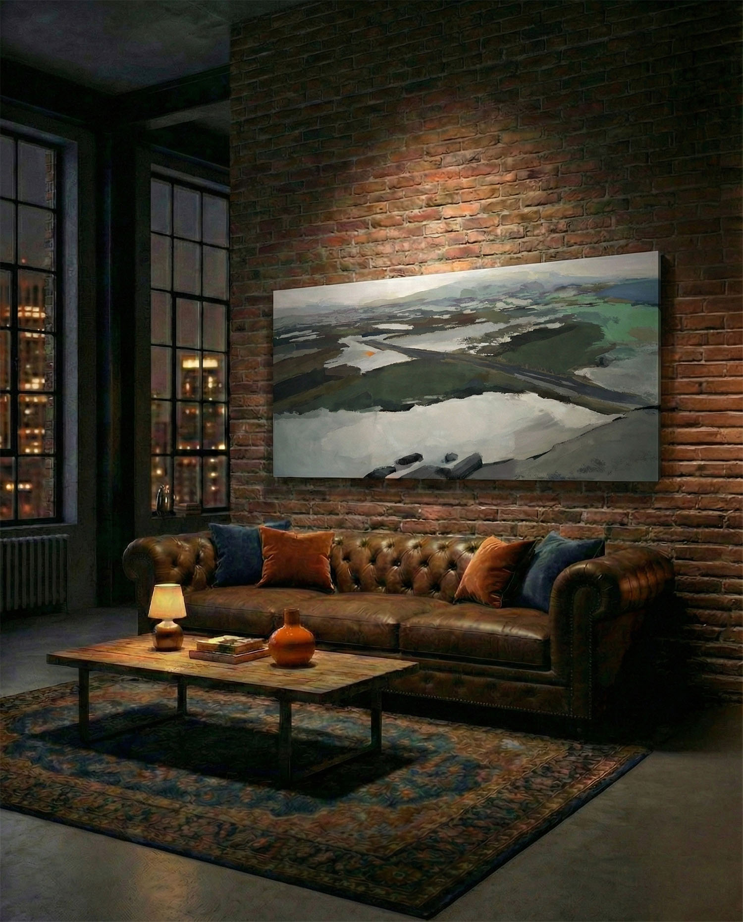 oil painting of a landscape with areas of snow