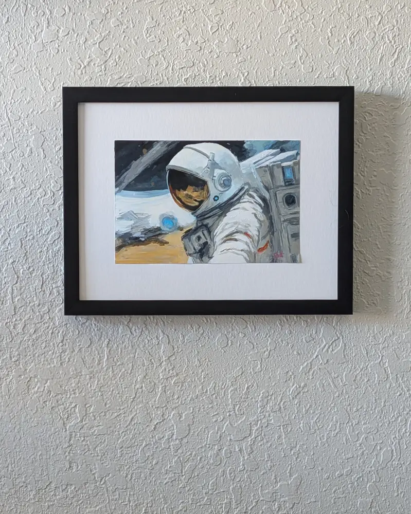 painting of female astronaut selfie with dark expanse in background