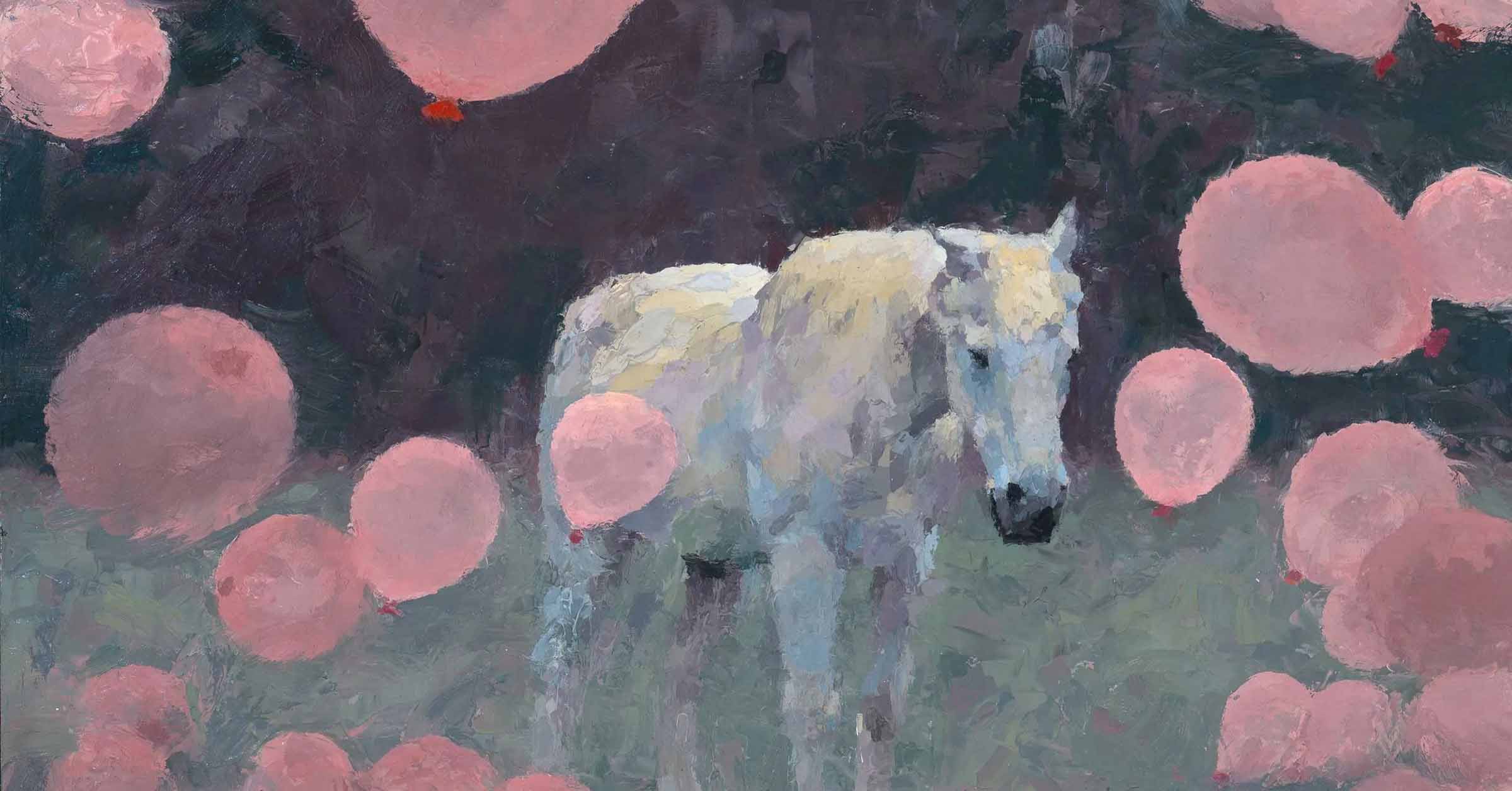 Painting of a white horse surrounded by floating pink orbs