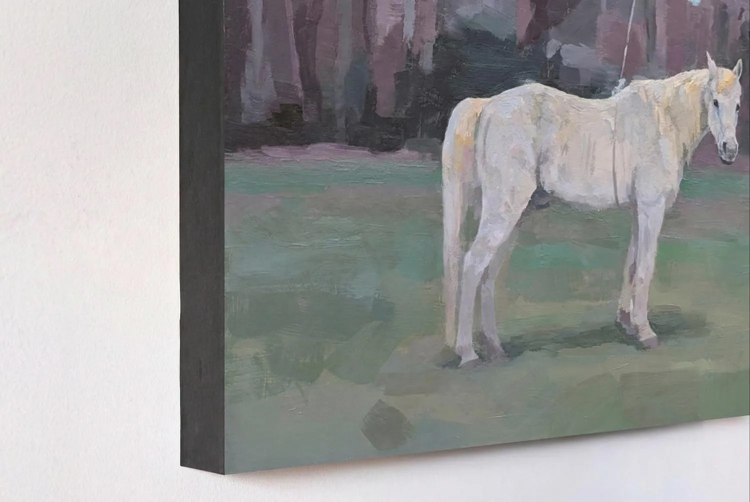 grey-white horse (detail) standing in a green pasture with treeline in background