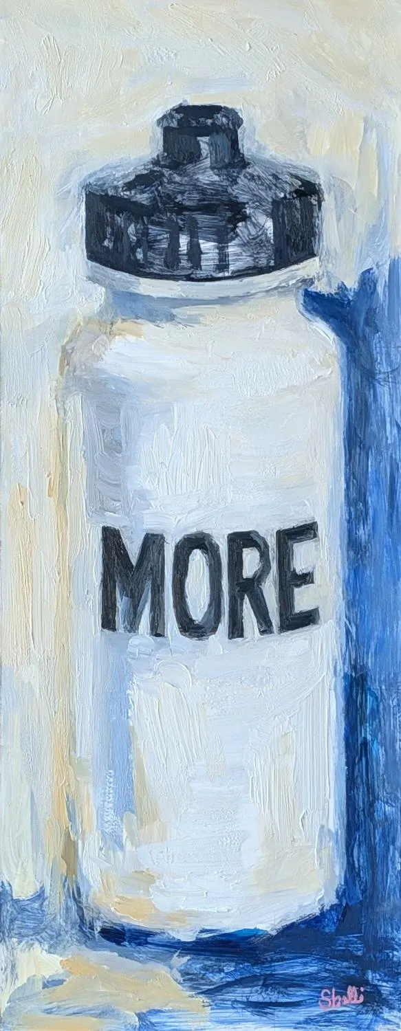 white water bottle with black block lettering saying "more"