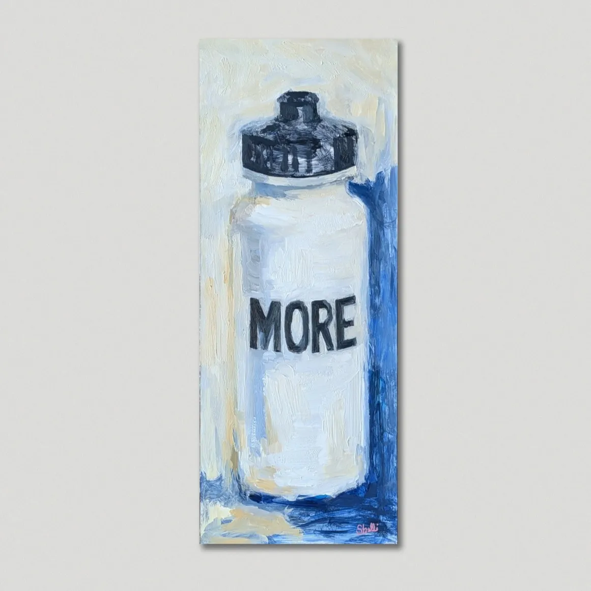 white water bottle with black block lettering saying "more"