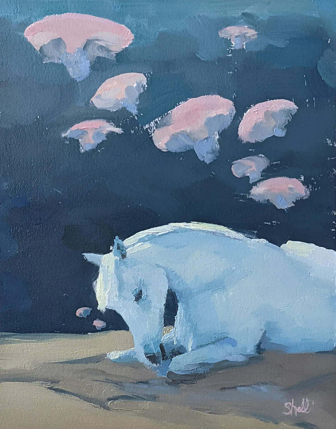 pale blue-white horse lying on tan sandy ground with head lowered, against a deep teal-blue field; six or seven pink jellyfish-like shapes drift in the upper portion of the painting; white paper margin visible around the edges