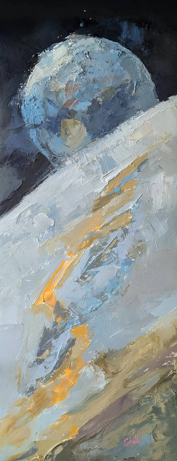 painting of a celestial body view from the surface of another celestial body