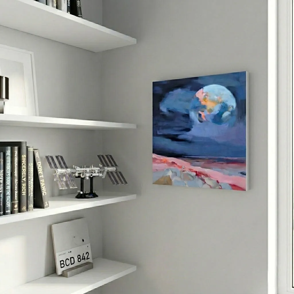 acrylic painting in situ of a celestial body in a dark blue expanse surrounded by sky from the perspective of another celesital body with a pink and red landscape