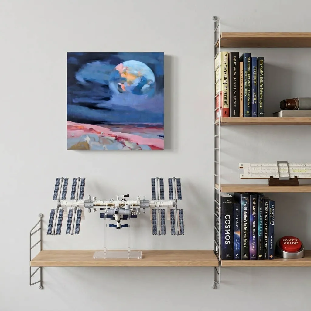 acrylic painting in situ of a celestial body in a dark blue expanse surrounded by sky from the perspective of another celesital body with a pink and red landscape