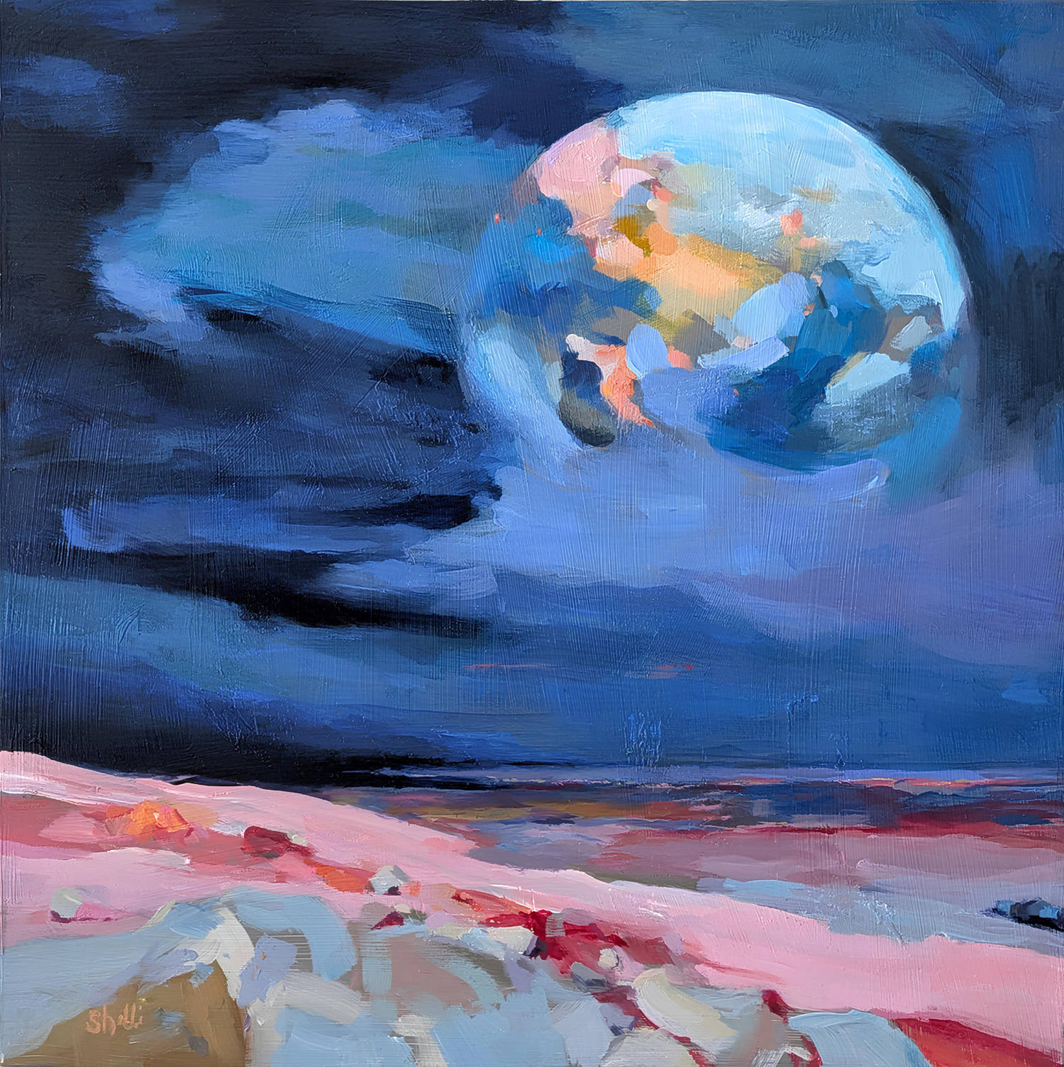 acrylic painting of a celestial body in a dark blue expanse surrounded by sky from the perspective of another celesital body with a pink and red landscape