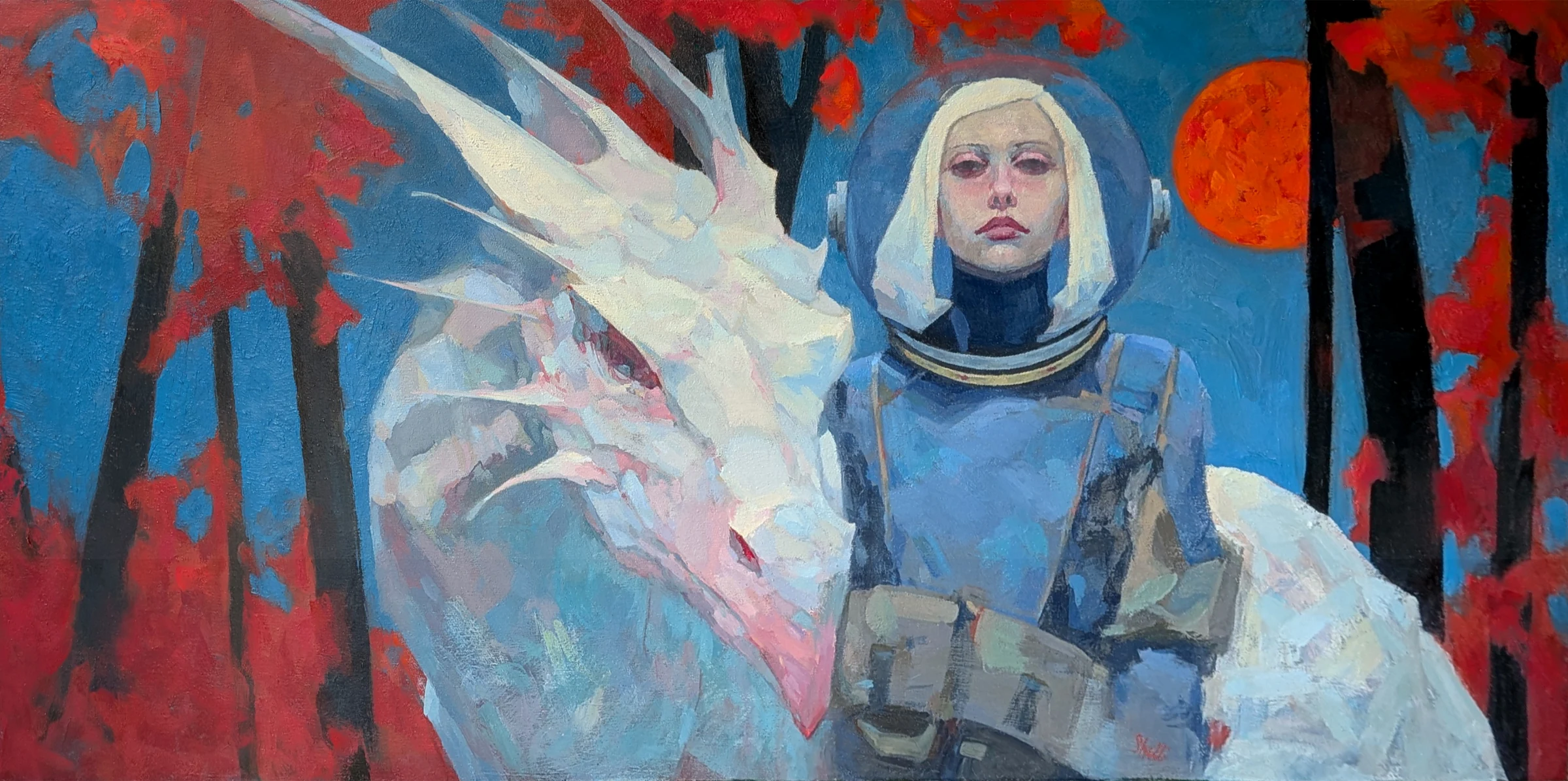 oil and acrylic painting of a pale blonde space explorer in a clear bubble helmet beside a large white dragon, black tree trunks and red foliage against a deep blue sky, an orange sun at upper right