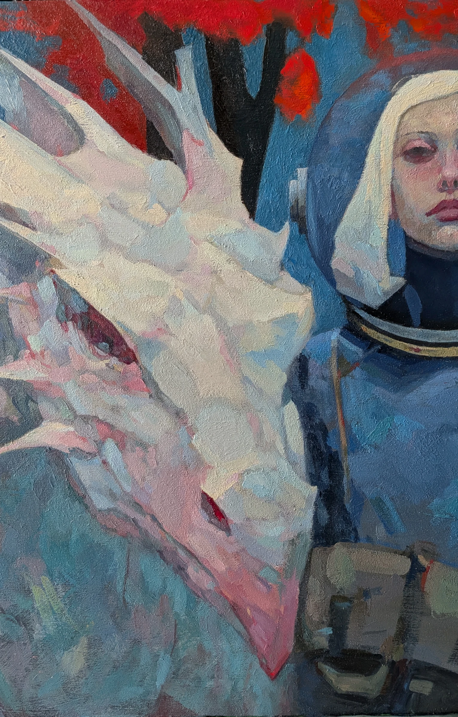 detail of In Altered Form: the white dragon's head beside the explorer