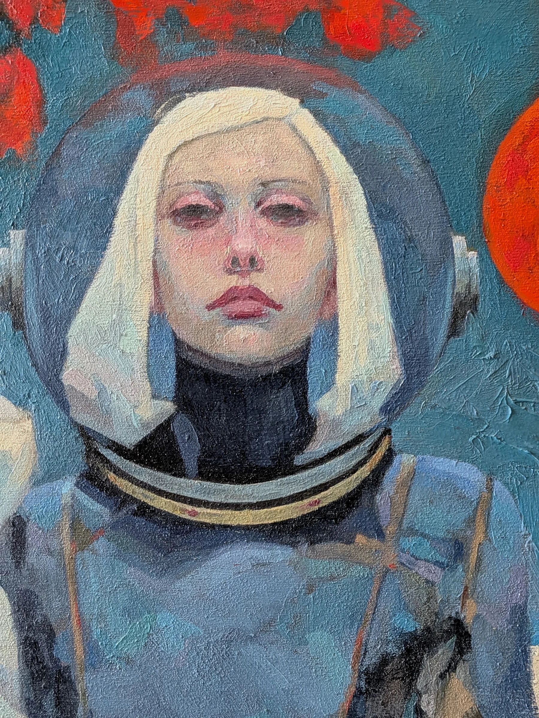 detail of In Altered Form: the explorer's face inside her bubble helmet