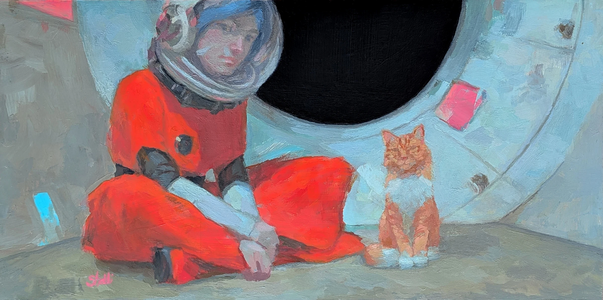 oil and acrylic painting of a space explorer in an orange suit sitting cross-legged on a spacecraft floor beside an orange and white cat, a black porthole behind them