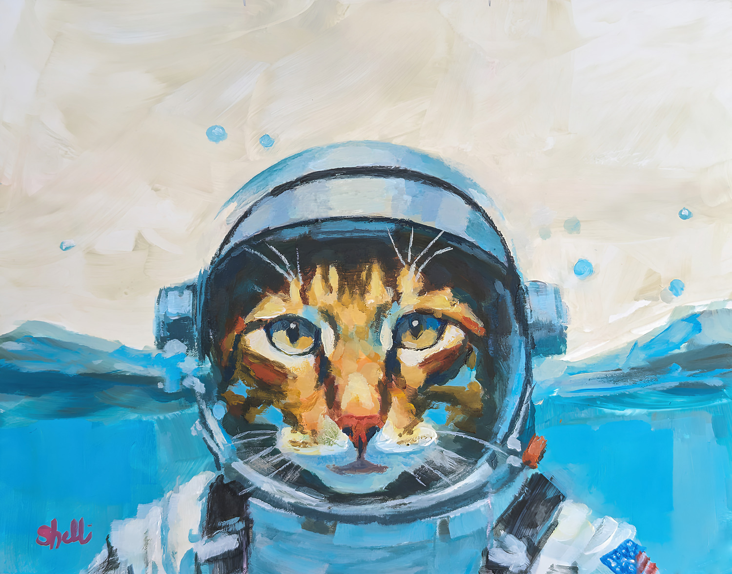 tabby cat in astronaut helmet and suit, partially submerged in turquoise expanse with bubbles, cream or greyish sky, American flag patch on suit