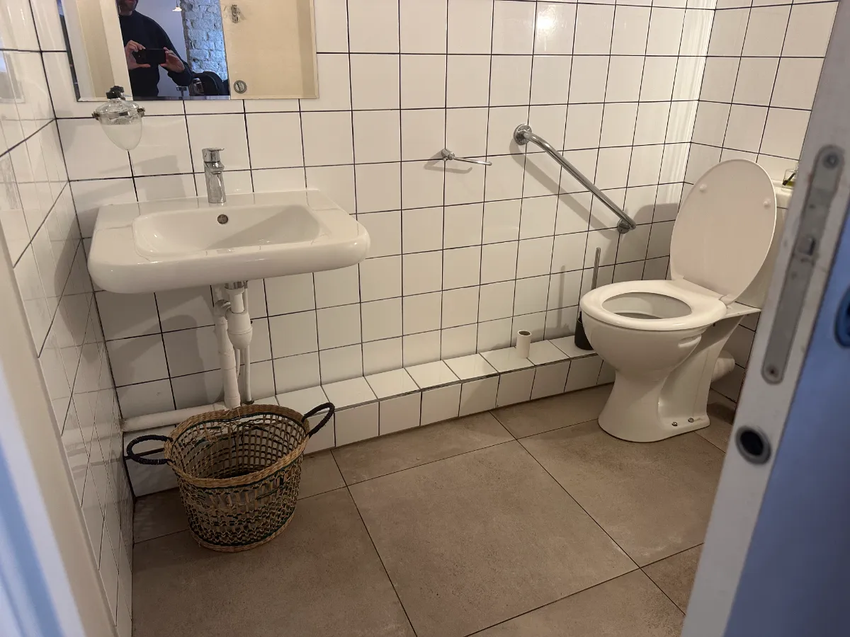 Accessible toilet at Kémia — spacious layout with grab bar and room to transfer, clear access to sink