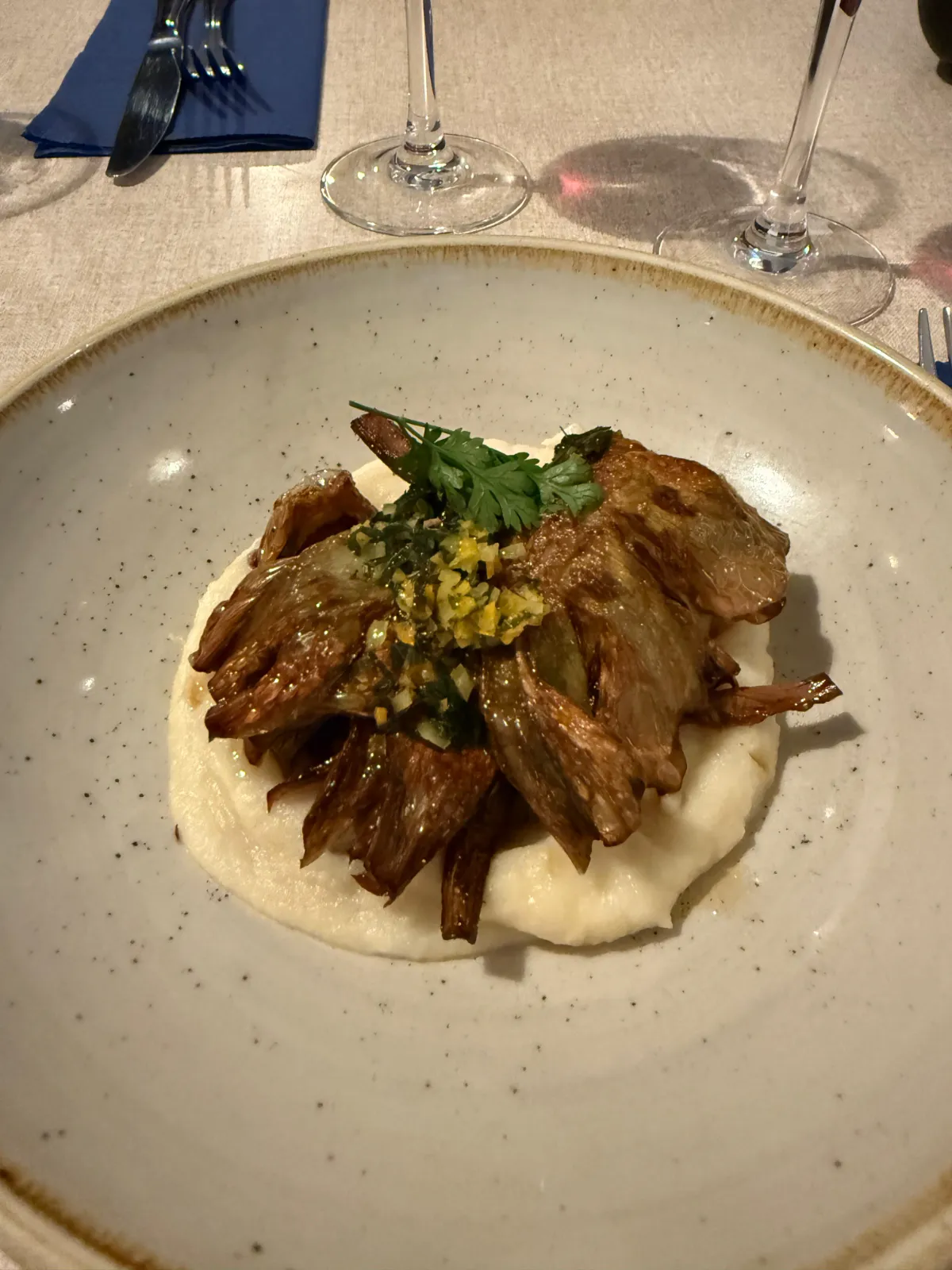 Artichoke and celery purée at Trois B.