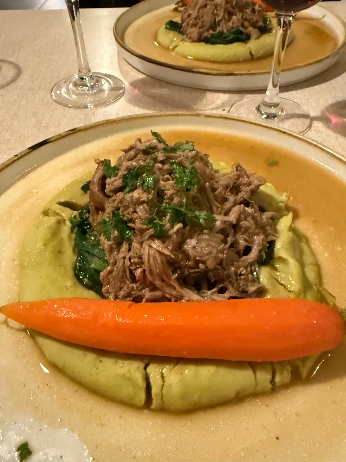 Shredded lamb and split pea mash at Trois B.
