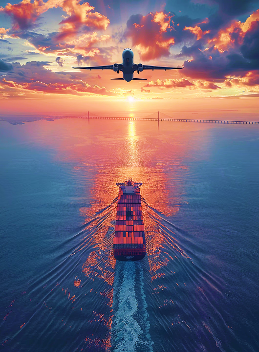 Imagem de avião e navio de transporte logístico para comércio global.