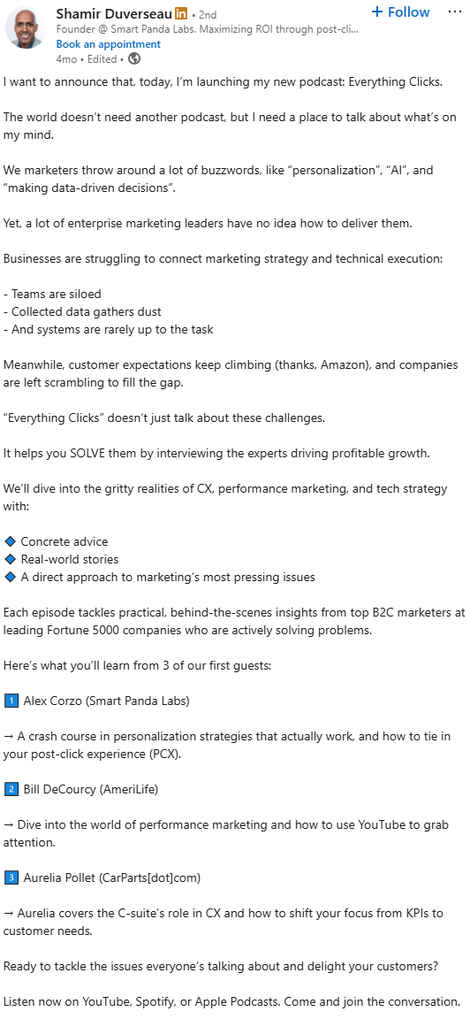Shamir Duverseau LinkedIn post