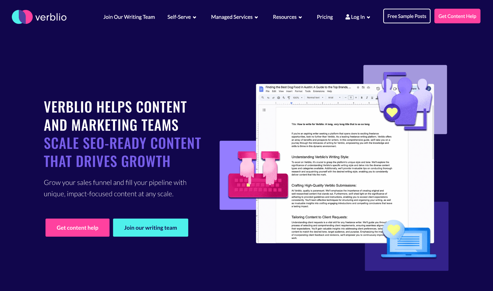 Verblio best SEO content writing services homepage