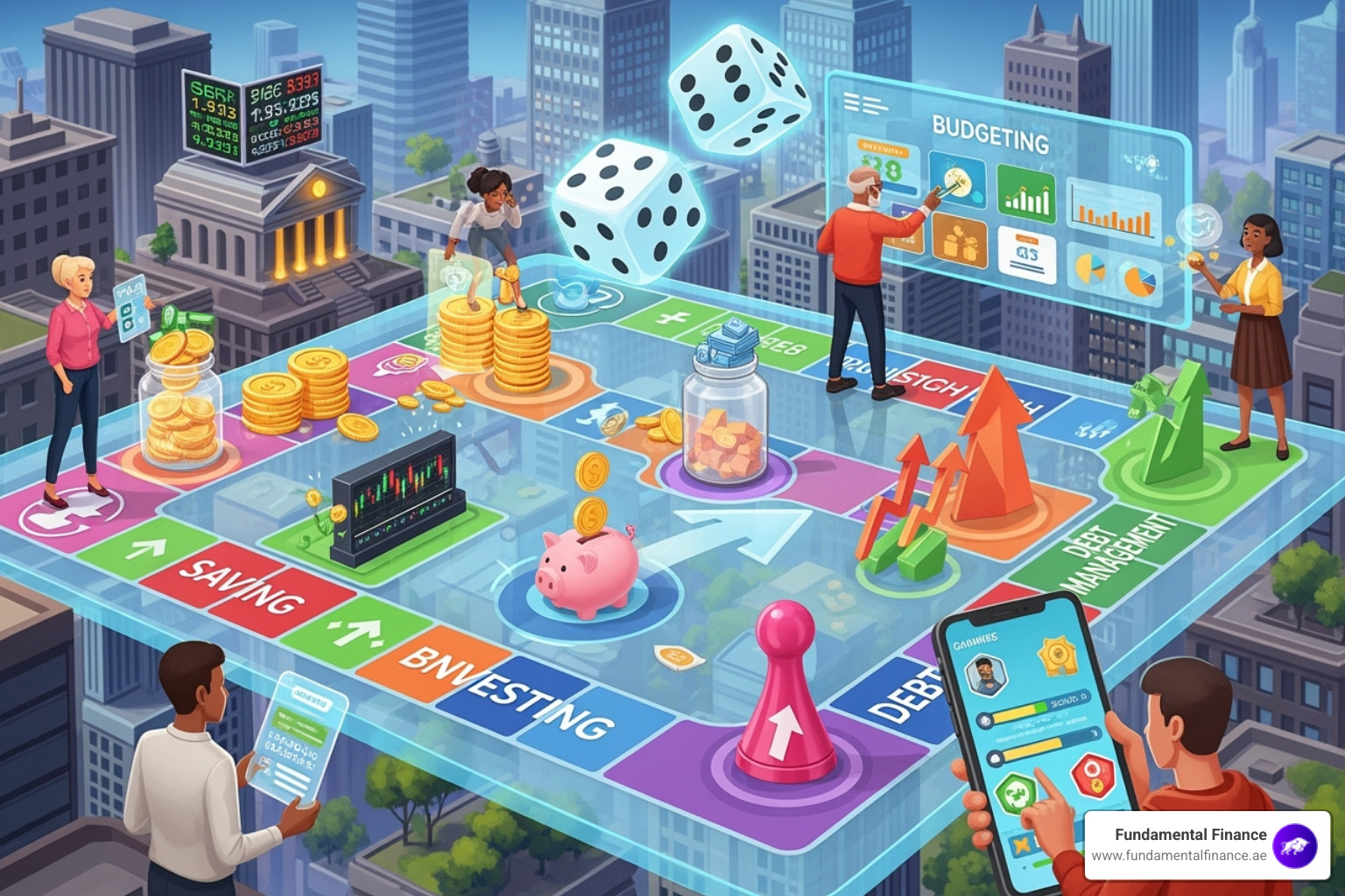 Split screen showing a young child learning coins on a tablet and a young adult managing a budget on a laptop - Gamified Financial Literacy Split screen showing a young child learning coins on a tablet and a young adult managing a budget on a laptop - Gamified Financial Literacy
