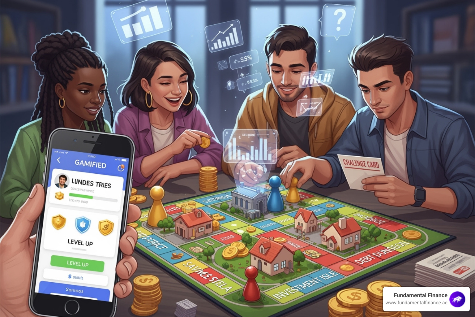 Dashboard showing game elements like points, badges, and a leaderboard - Gamified Financial Literacy Dashboard showing game elements like points, badges, and a leaderboard - Gamified Financial Literacy