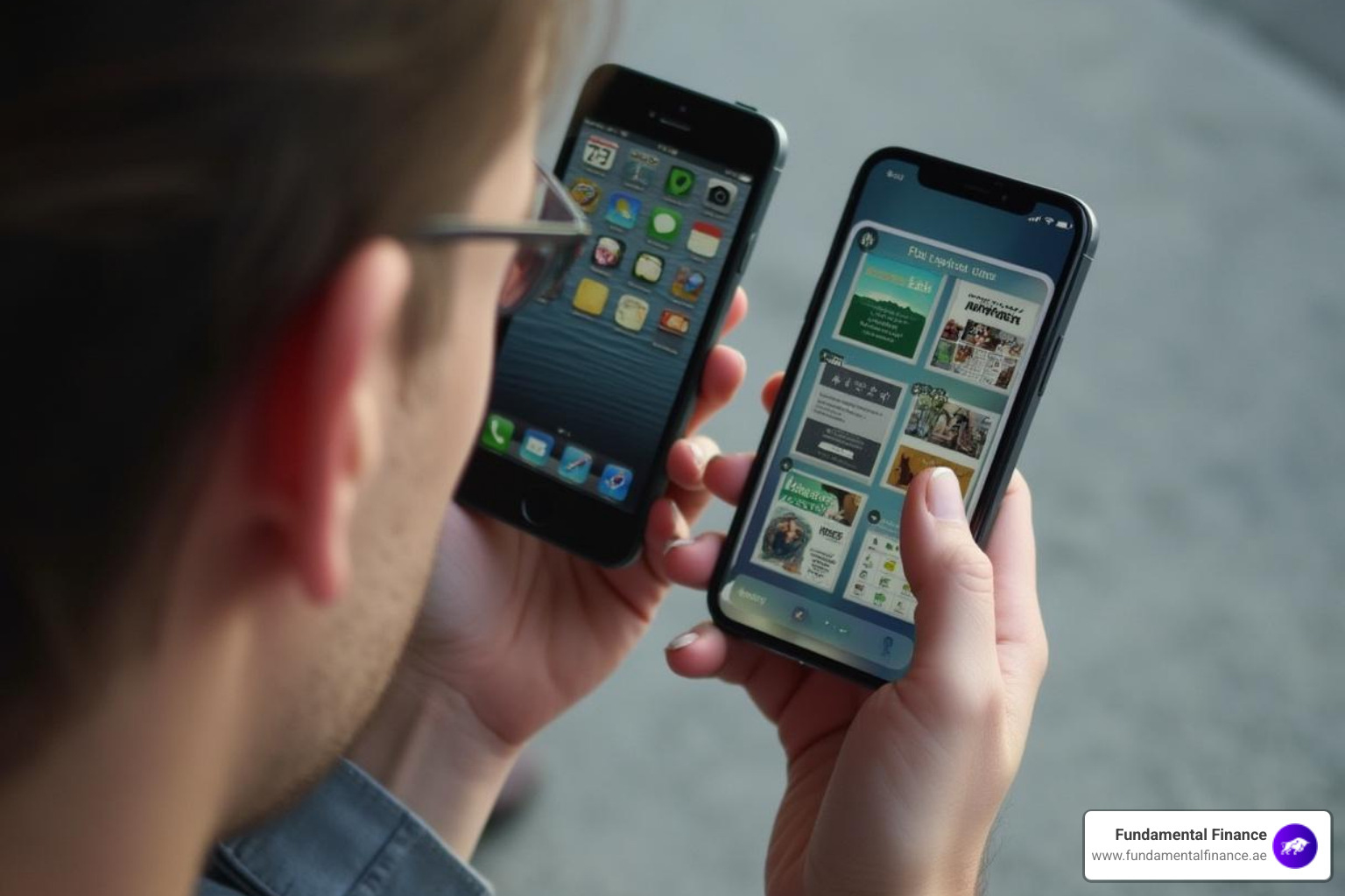 person comparing two different app layouts on a phone - budgeting app uae