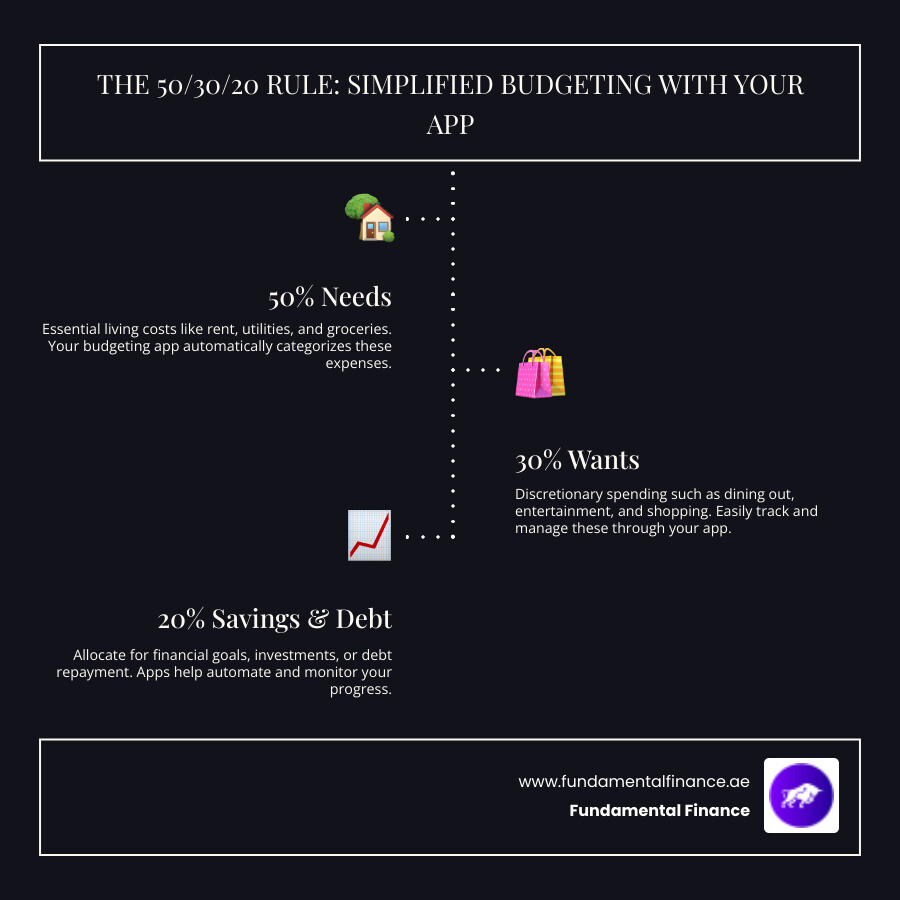 Infographic explaining the 50/30/20 budgeting rule, with categories for Needs (50%), Wants (30%), and Savings/Debt Repayment (20%), and how a budgeting app can help track these percentages automatically - budgeting app uae infographic infographic-line-3-steps-dark