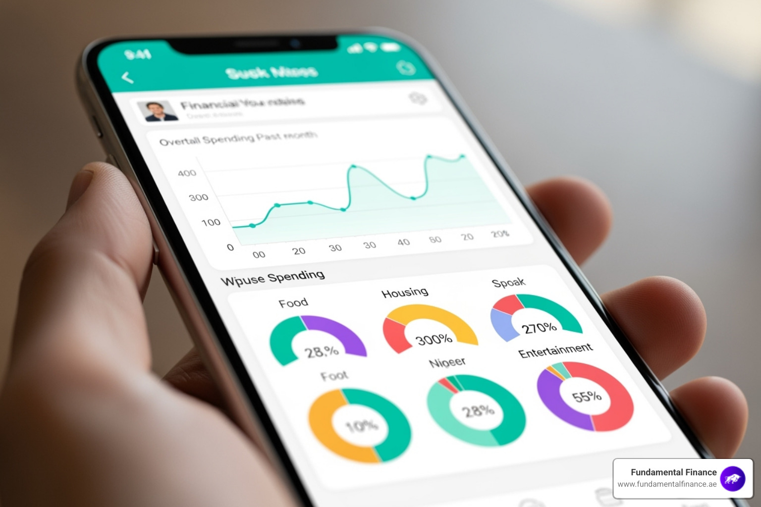 phone screen showcasing a clean app dashboard with charts and categories - budgeting app uae