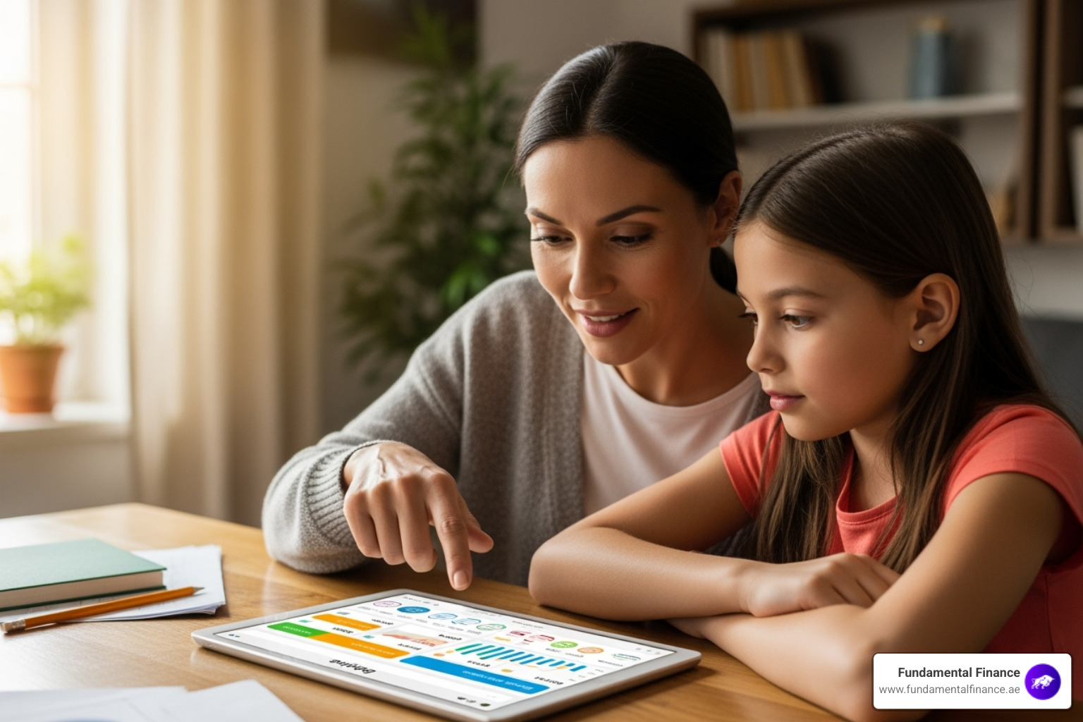 Parent and child looking at a budget on a tablet together - teach kids finance