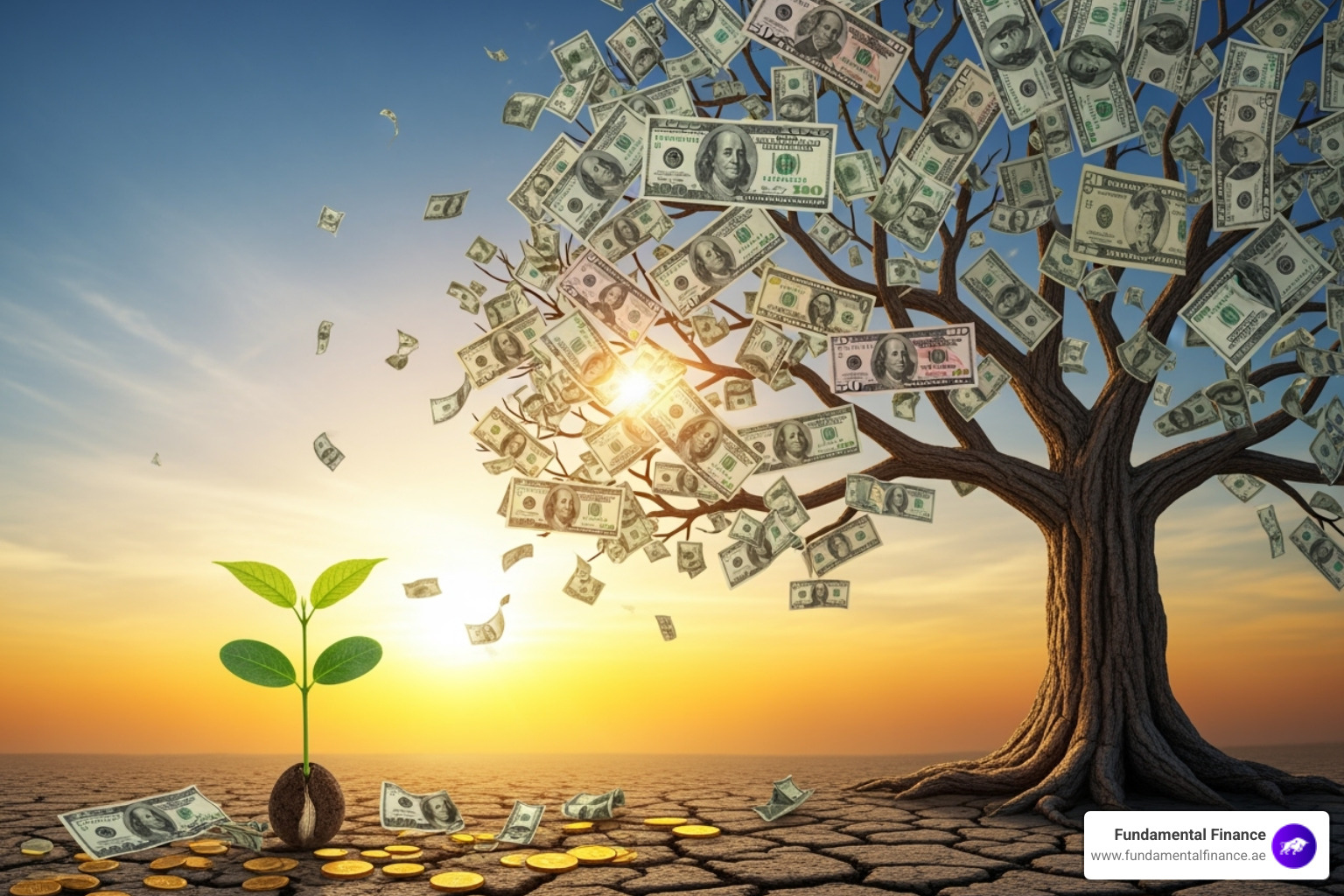 small plant growing into a large tree made of money to illustrate growth. - young adult finance