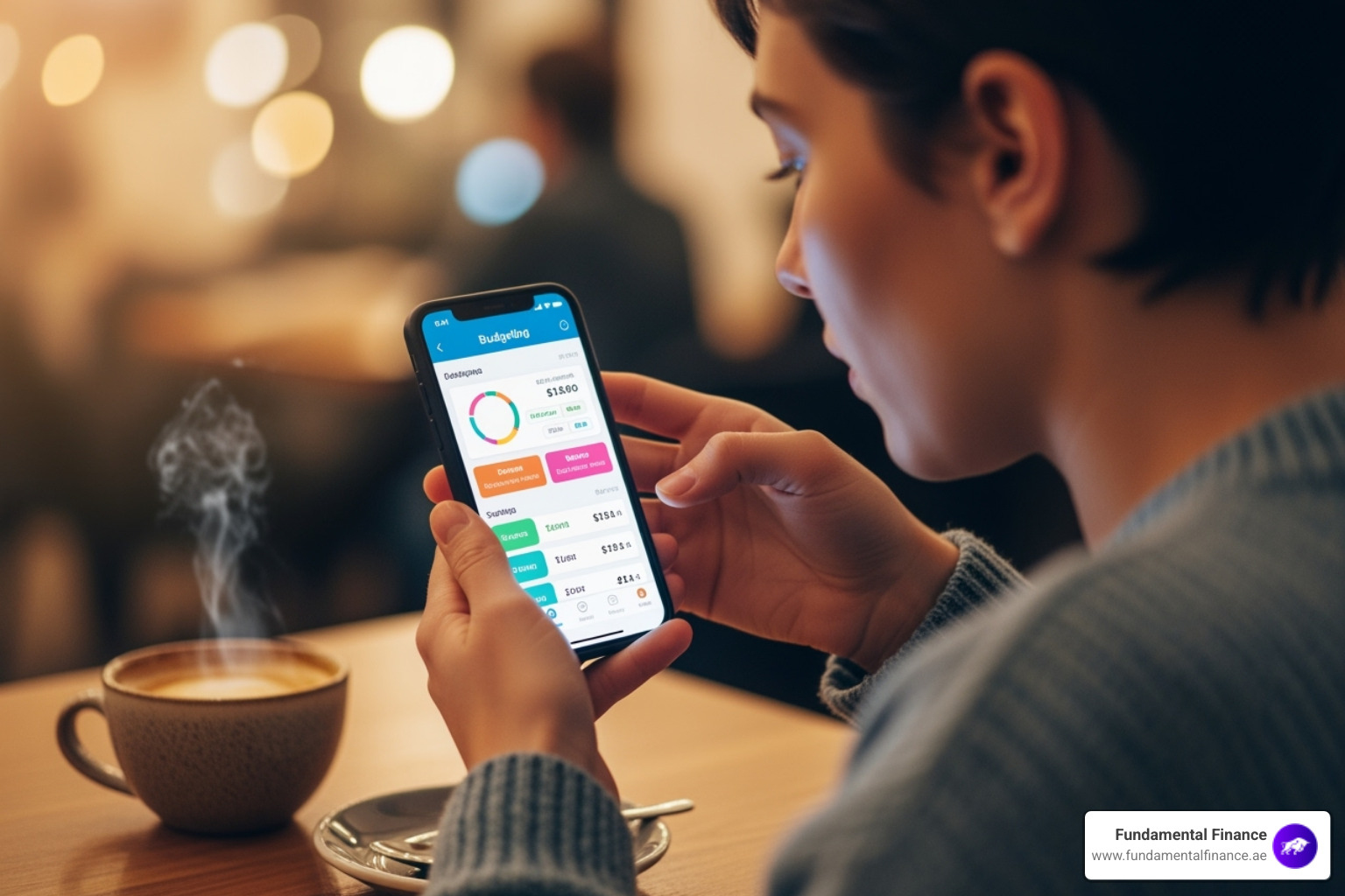 young person using a budgeting app on their phone with a coffee. - young adult finance