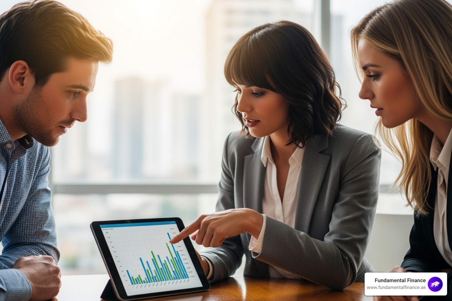 young professionals collaborating over a tablet showing financial charts - Money Management at Every Age: How to Grow Your Wealth Over Time