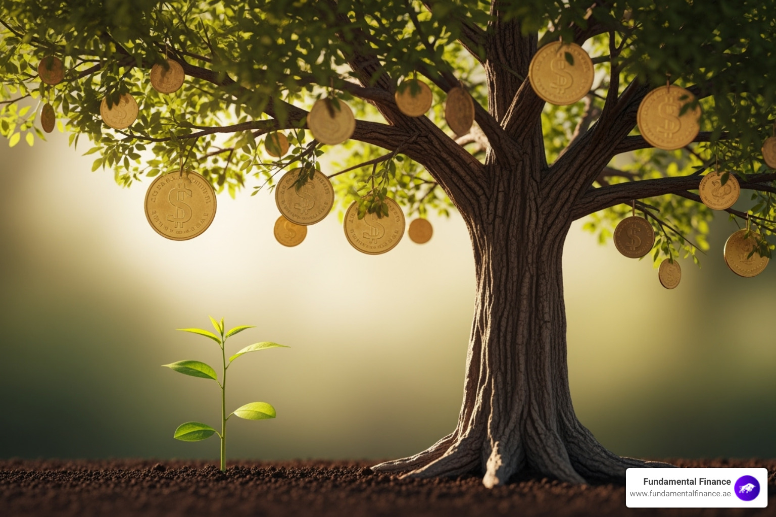 small plant growing into a large tree with coins as fruit - Money Management at Every Age: How to Grow Your Wealth Over Time