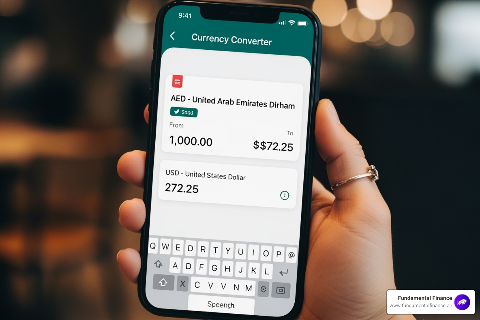 of a smartphone showing a currency converter app interface with AED and another currency - Currency Conversion in the UAE: Save Time and Money with Smart Tools